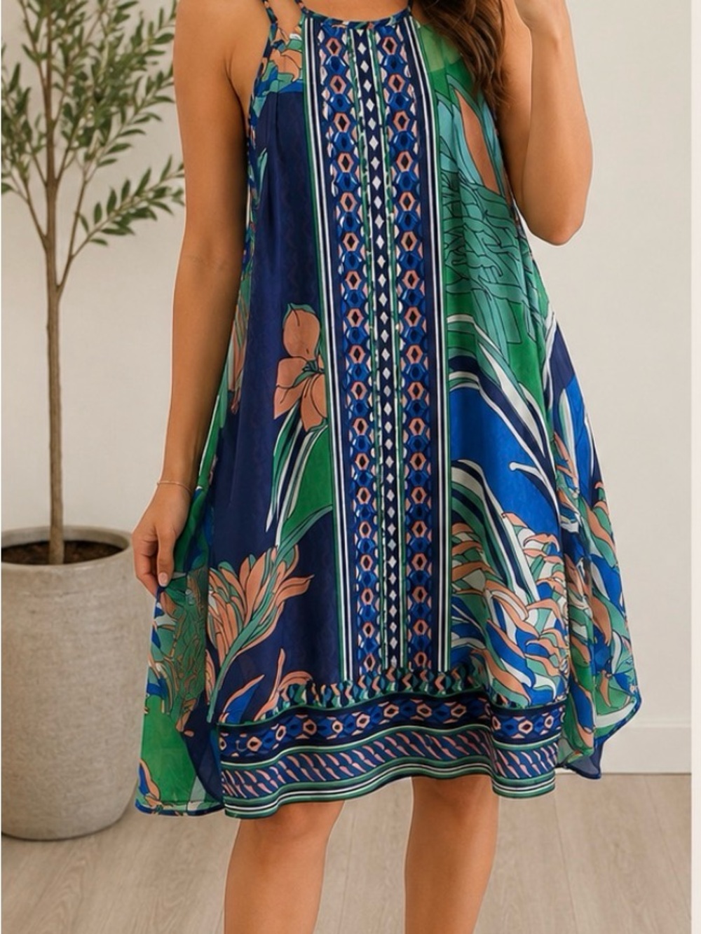 Maeve Strappy Mini Dress in Blue & Green with Peach Accents Boho Feminine XS